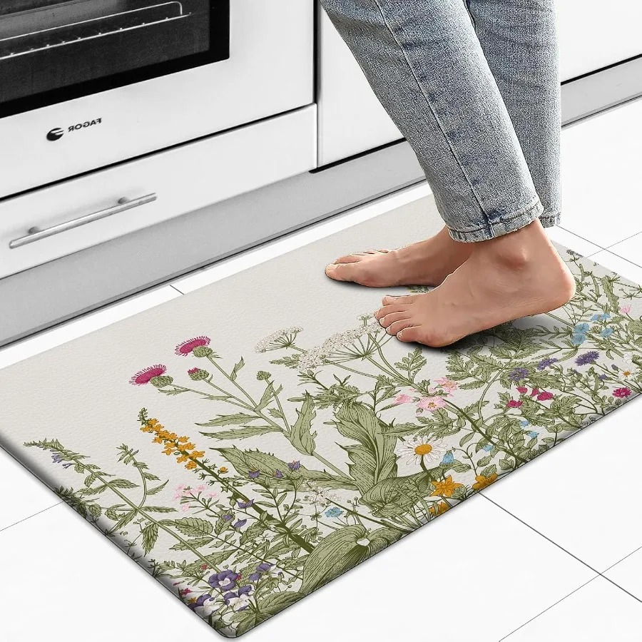 

Kitchen Rug Anti Fatigue Kitchen Mat Cushioned Colorful Floral Plants Cute Vintage Kitchen Rugs Non Skid Waterproof Kitchen Rug