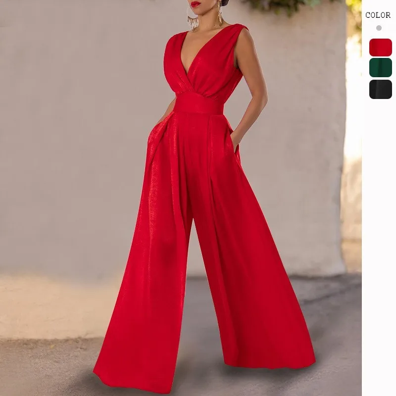 2024 fashionable summer new slim fit jumpsuit high waist slimming straight leg wide leg pants for women