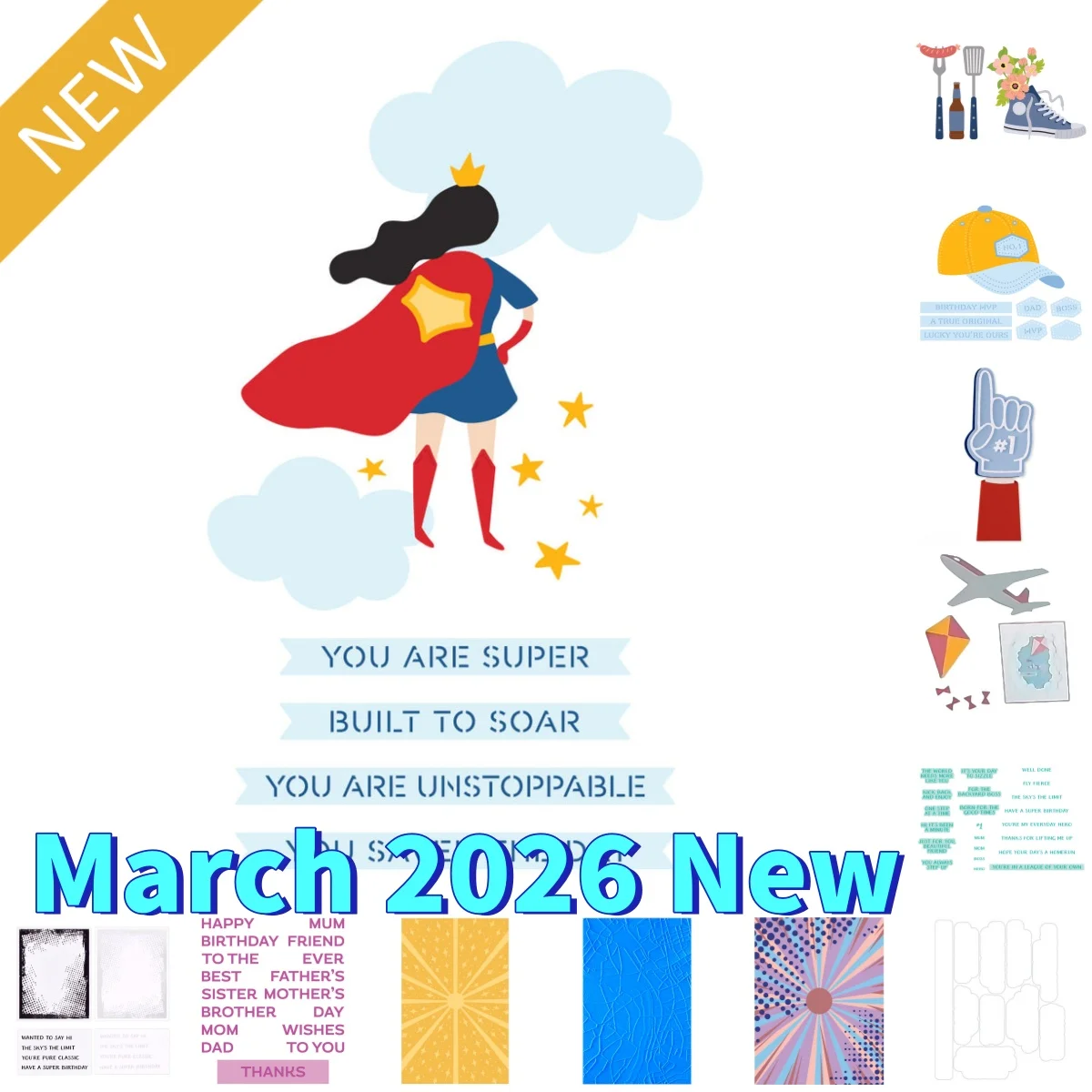 

Airplane Fly Kite Hat Fan Classic Kicks Metal Cutting Dies Clear Stamps Stencil Hot Foil for DIY Scrapbook Diary March 2026 New