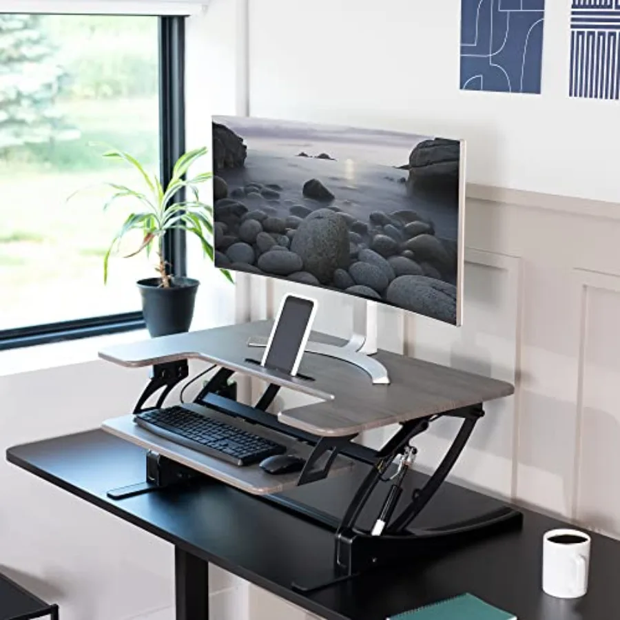 Dark Gray 36 Inch Standing Desk Converter for Home Office Use, Steel Frame with Smooth Height Adjustment Mechanism