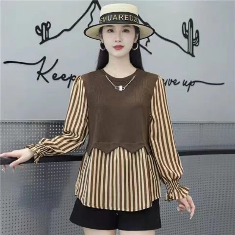 Fashion Woman Blouses 2023 Spring Autumn Crew Neck Long Sleeve Princess Sleeve Commuter Casual Preppy Style Striped Pullovers