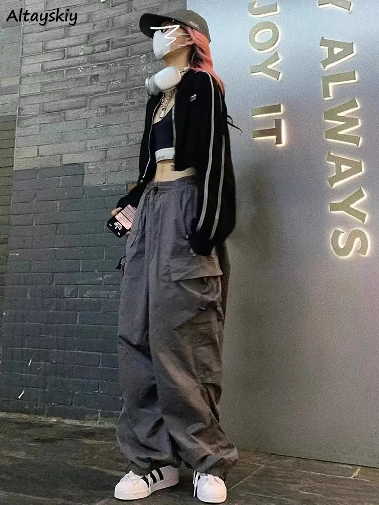 

Cargo Pants Women Wide Legs Bundle Foot Elastic Waist Baggy American Style Hot Girls Cool Streetwear Stylish Leisure Spring Chic