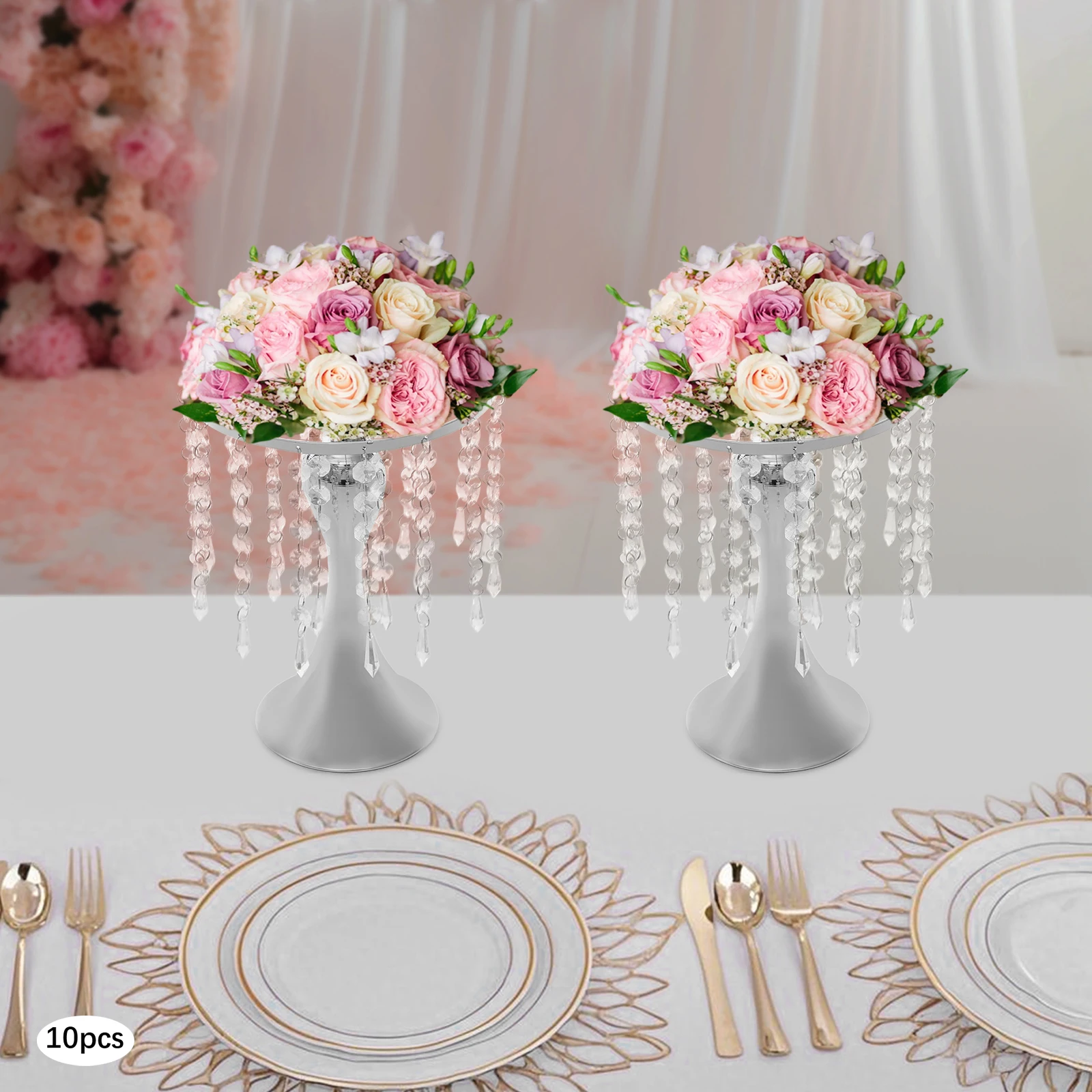 

10 Pieces 26cm Small Silver Crystal Vase Banquet Table Top Decorative Flower Base High Load-bearing Display Stand