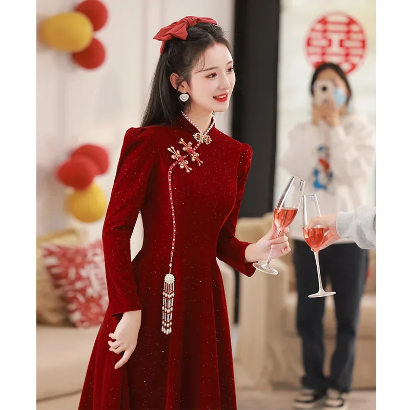 Yourqipao ชุดเดรสเจ้าสาวสำหรับงานแต่งงานสีแดง, ชุดเดรส2024งานหมั้นงานแต่งชุดกี่เพ้า