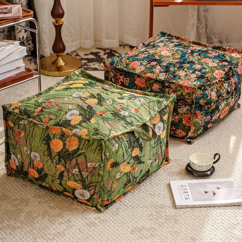 French Retro Oil Painting Futon Slipcover Square Floor Stool Cushion Cover Tatami Seat Pillow Sofa Pedal Protector Home Decor