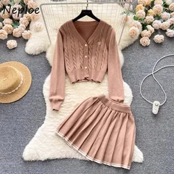 Neploe French College Style Two Piece Set Femme 2024 Autumn Long Sleeve V-Neck Knitted Cardigan High Waist A-Line Pleated Skirt