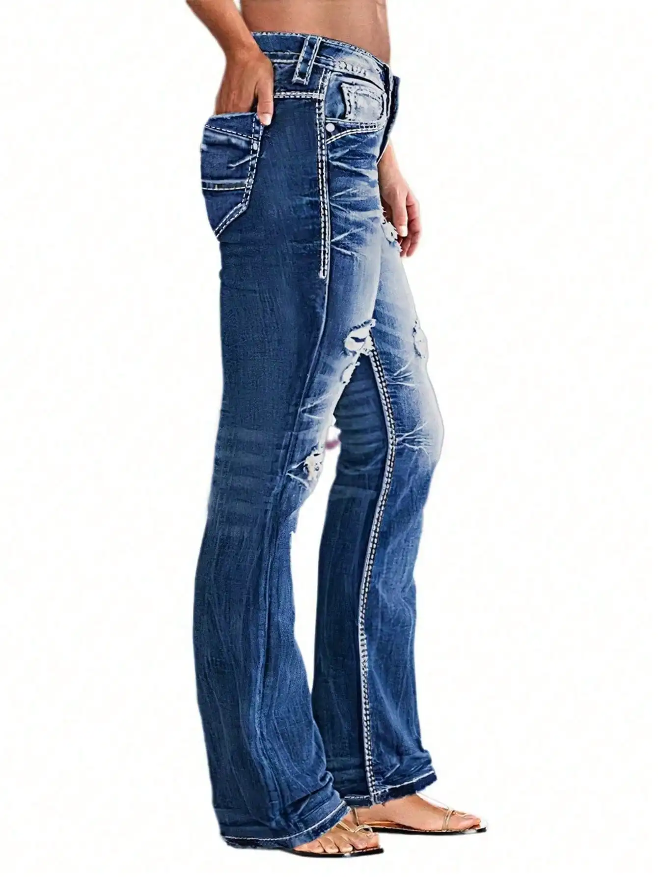 سروال دينم عالي الخصر - جينز سفلي عتيق من السبعينيات مع فتحات متعثرة وزر مزدوج وإغلاق بسحاب