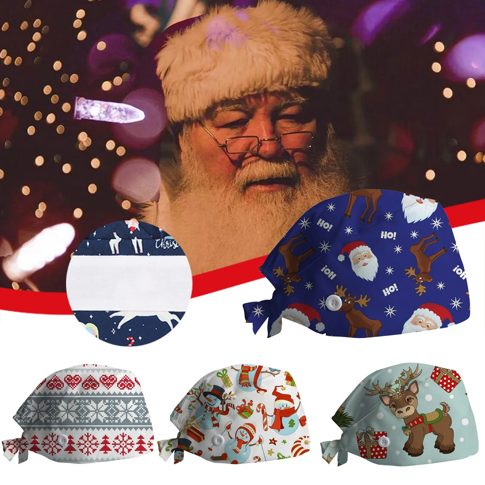 Christmas Pattern Printed Pet Hospital Clinic Doctor Nurse Sanitary Caps  Cotton Scrub Cap Veterinary Care Medical Scrub Hat