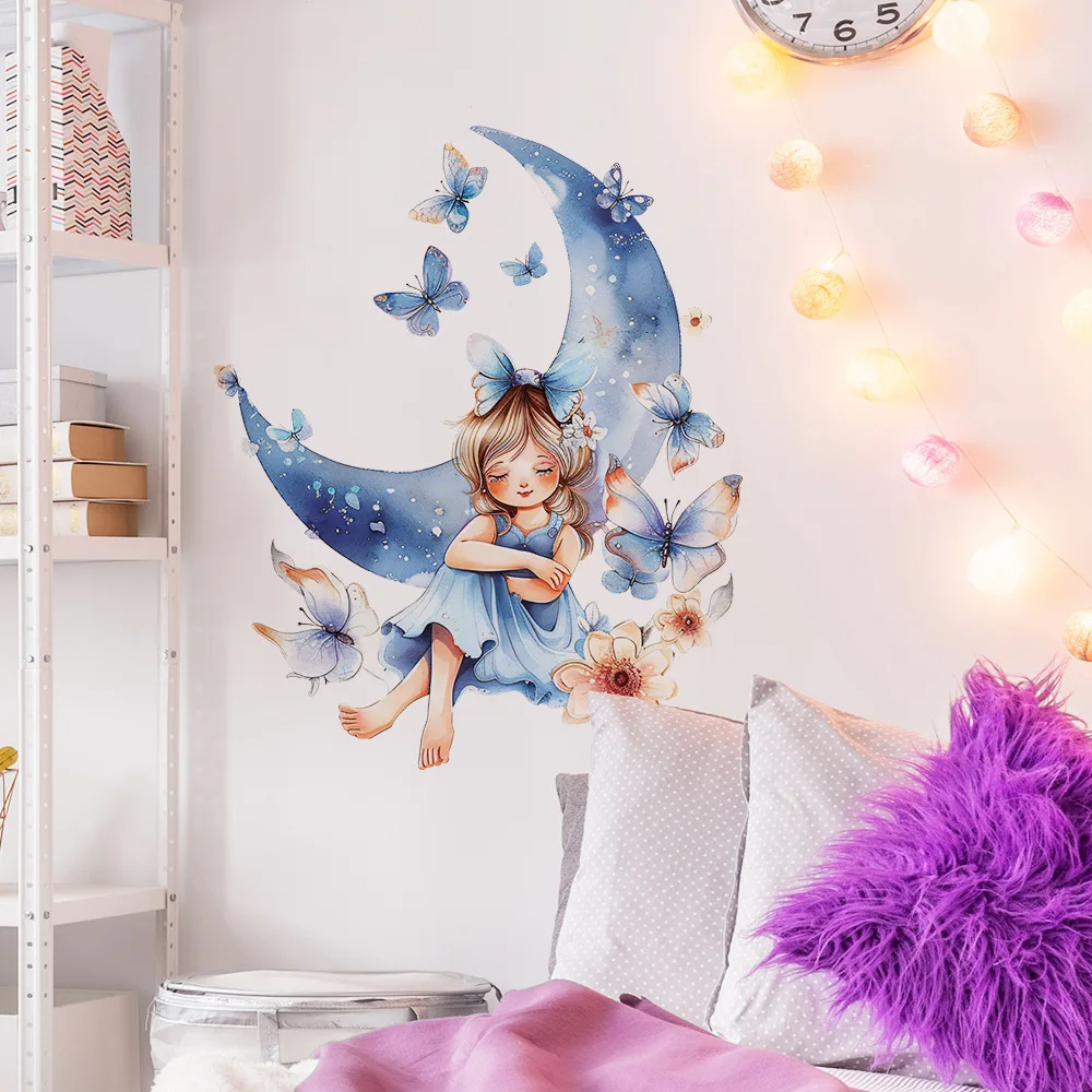 Moon Princess Butterfly Vinyl Child Wall Sticker For Baby Room Decor Wall Art Bedroom Accessories Adhesive Wallpaper Home Decor