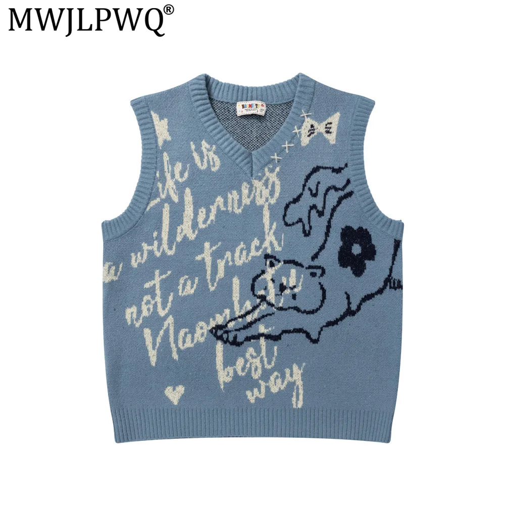 MWJLPWQ Men's Sleeveless Knitted Vest Sweater Spring Autumn American Trendy Jacquard V-Neck Wide-Shoulder Casual Tops New 20617
