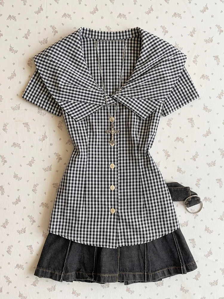 

Original Sweet Style Princess Fit Shirt Black Plaid Turn-down Collar Short Sleeve Open Cardigan Slimming Versatile Top for Women