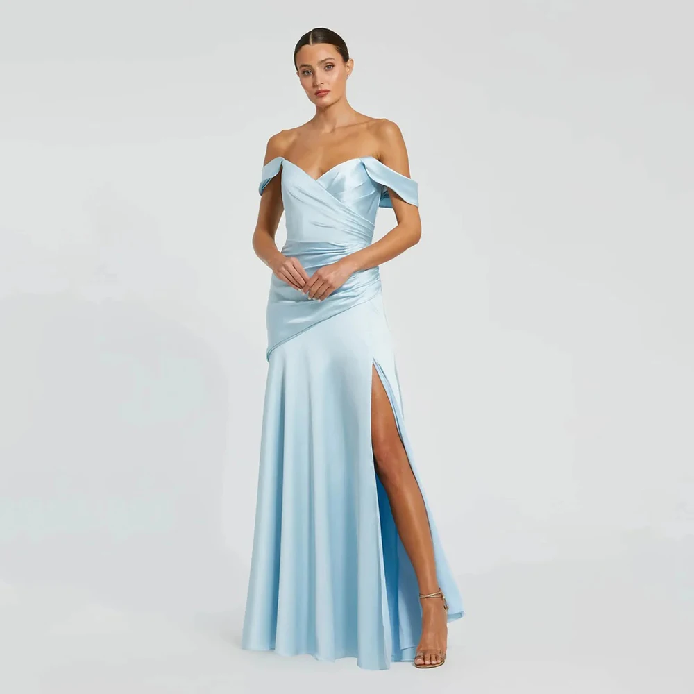 ABITO FORU Abiti da sera blu cielo di alta qualità in raso per abito da ballo lungo fino al pavimento con spalle scoperte Spacco dritto personalizzato