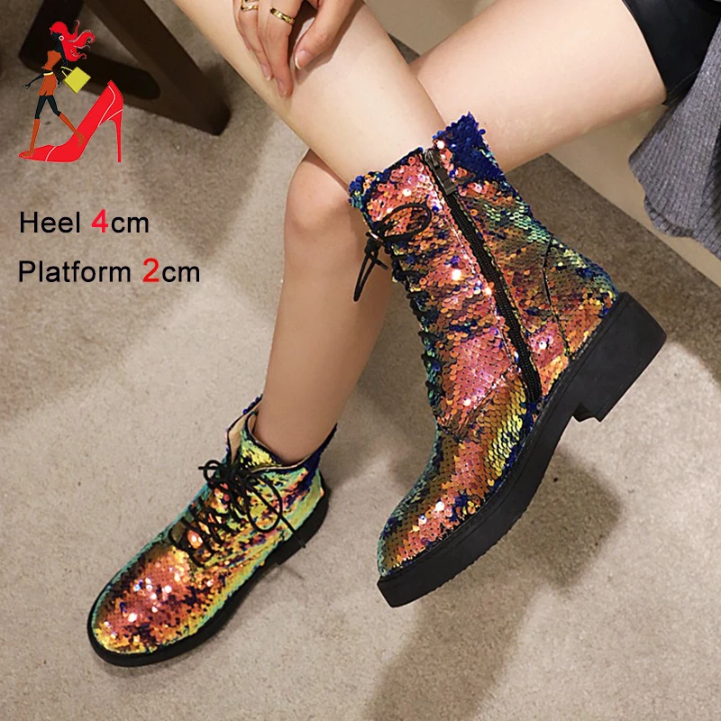 Discoloration Sequined Cloth Short Boots For Women Short Plush Autumn Winter Low Heel Round Toe Shoes Zipper Glitter Ankle Boots