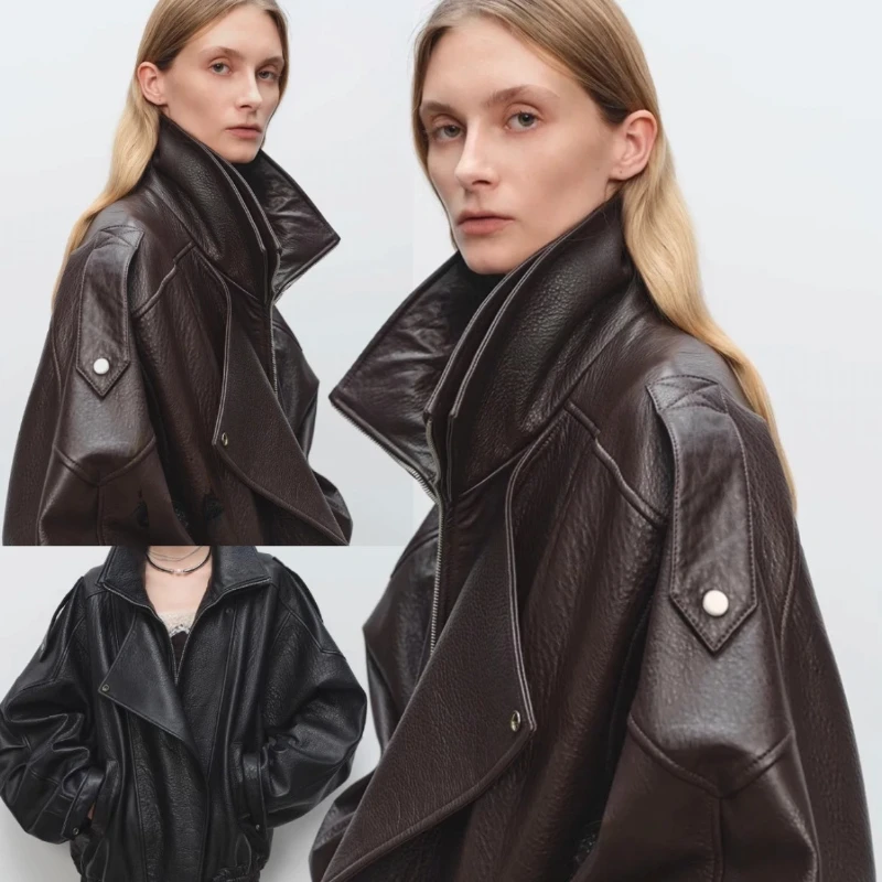 

Y2K European American Fashion Jacket Spring Atmospheric Black Brown Soft Pu Leather Jacket Women's Long Sleeve High-end Design