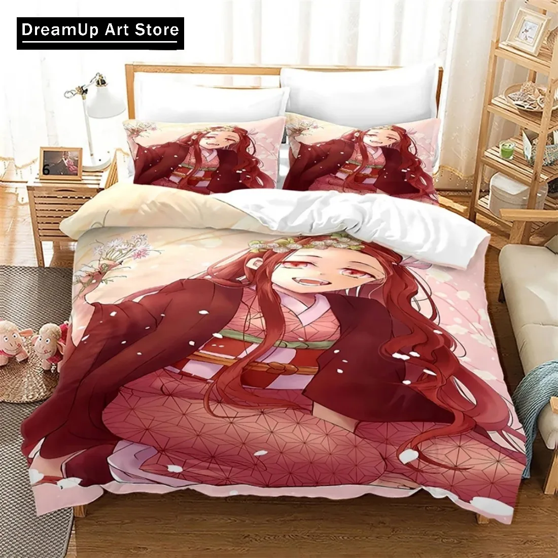 Anime Nezuko Kamado Demon Slayer Bedding Set Boys Girls Twin Queen King Size Duvet Cover Pillowcase Bed boys Adult Bedroom