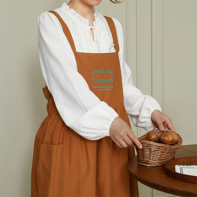 Embroidered Waterproof Cotton Apron with Pockets for Women Cross Back No-tie Kitchen Pleated Aprons Smock for Cooking Gardening