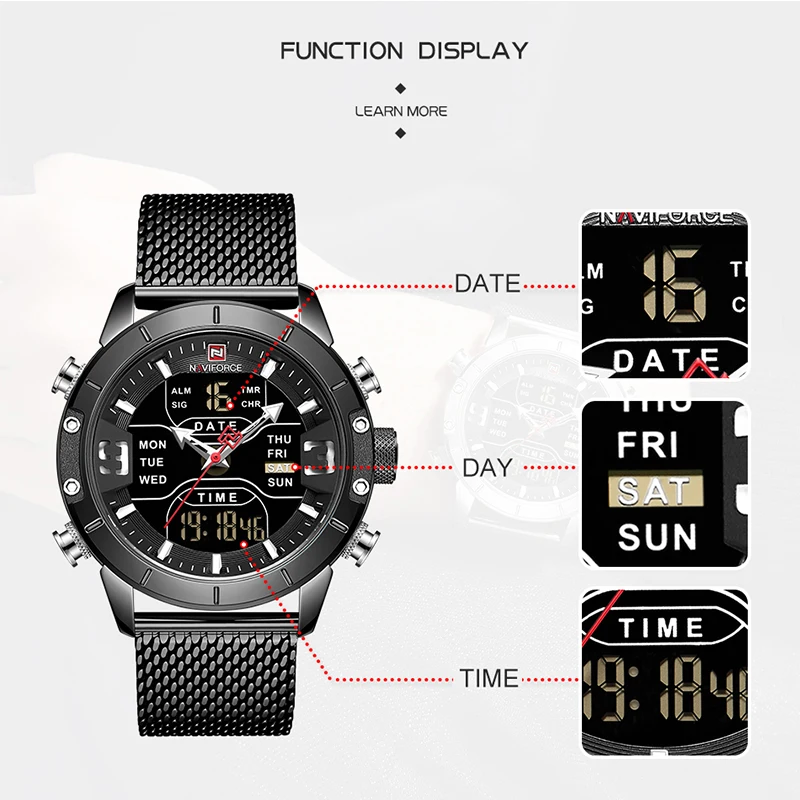 NAVIFORCE Men\'s Watches Fashion Sports Dual Display Watch Stainless steel Waterproof Military LED Digital Alarm Clock Wristwatch