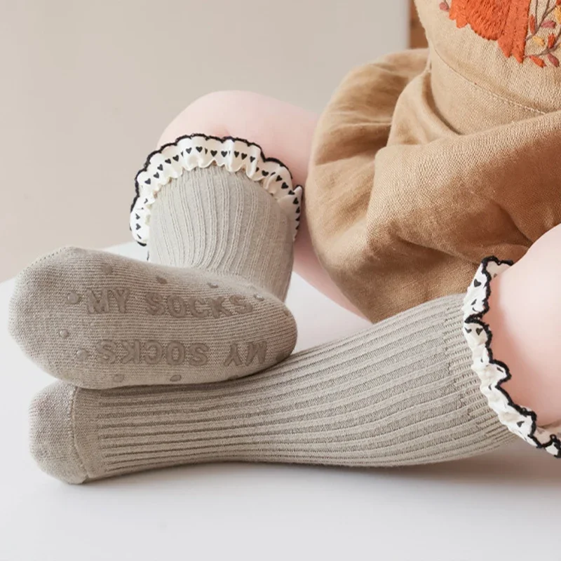 Princess Girl Lace Ruffle Socks Baby Autumn Warm Kint Sock Kids Solid Color Cotton Socks Silicone Bottom Anti Slip Floor Socks