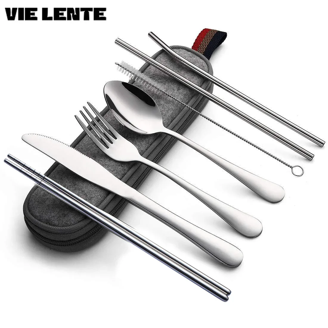 8Pcs/set Tableware Reusable Travel Cutlery Set Camp Utensils Set with Stainless Steel Spoon Fork Chopsticks Straw Portable Case