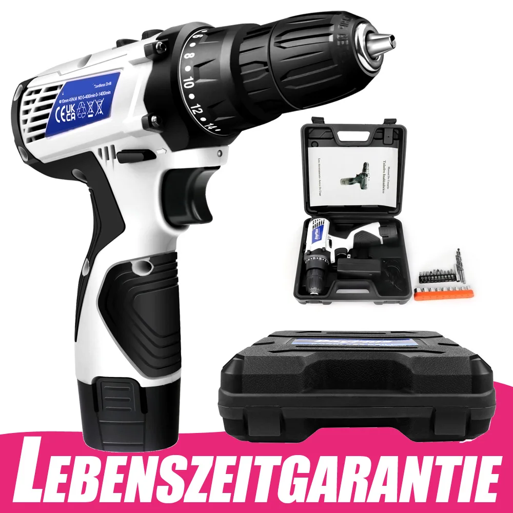 Perceuse-visseuse électrique 12V sans fil, couple de 45 N·m, avec 23 accessoires dans un étui pratique, lumière LED, visseuse à double vitesse pour l'atelier, 1 batterie