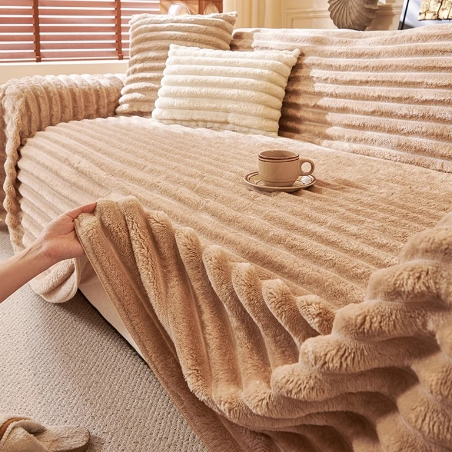 Fluffy Warm Stipe Flannel Soft Sofa Towel, Solid Colour Multiuse Sofa Leisure Nap Blanket for Living Room Couch Cover