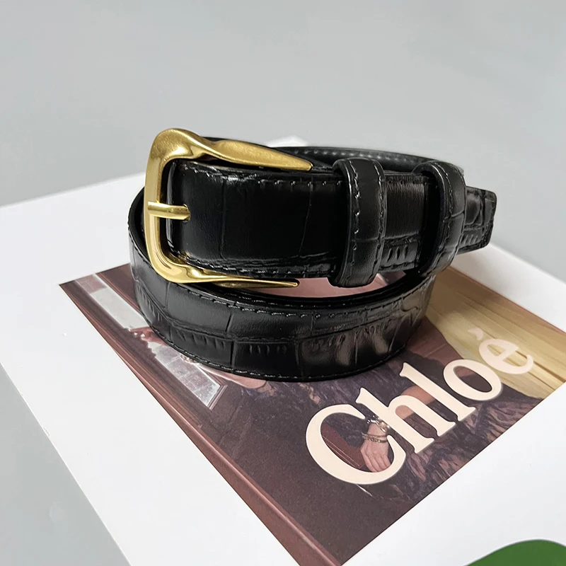 Cowhide Gold-Plated Buckle Belt Original Retro Classic Embossed Ladies Crocodile Belt Versatile Genuine Leather Trend 2.8cm Widt