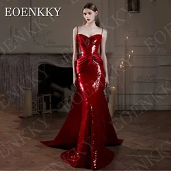 EOENKKY Luxury Mermaid Slim Evening Dresses فساتين سهرة Detachable Train Sexy Sequin Spaghetti Straps Prom Gowns Red Customized