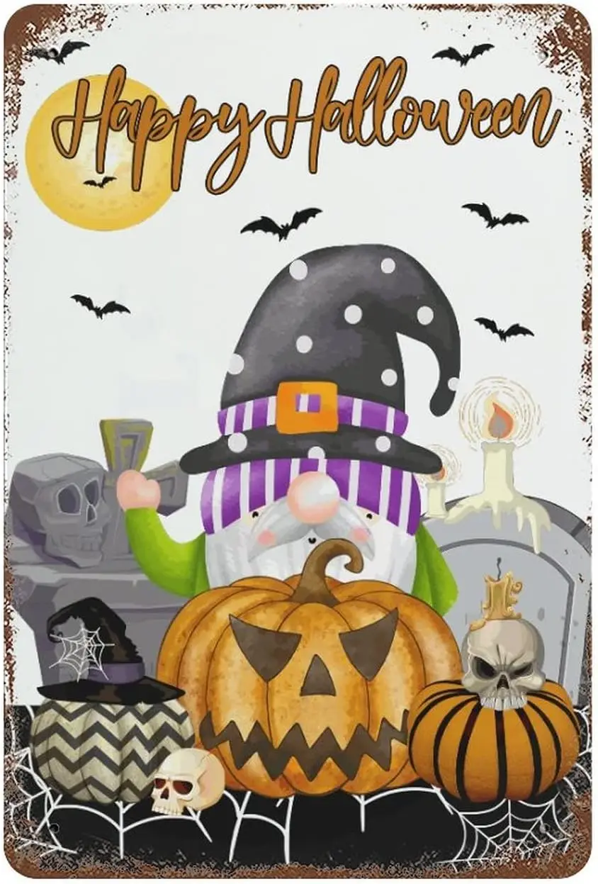 Patio Signs Happy Halloween Gnome Pumpkins Spider Web Skull Tombstone Tin Signs  in Halloween Fall Decor Metal Tin Sign Man Cave