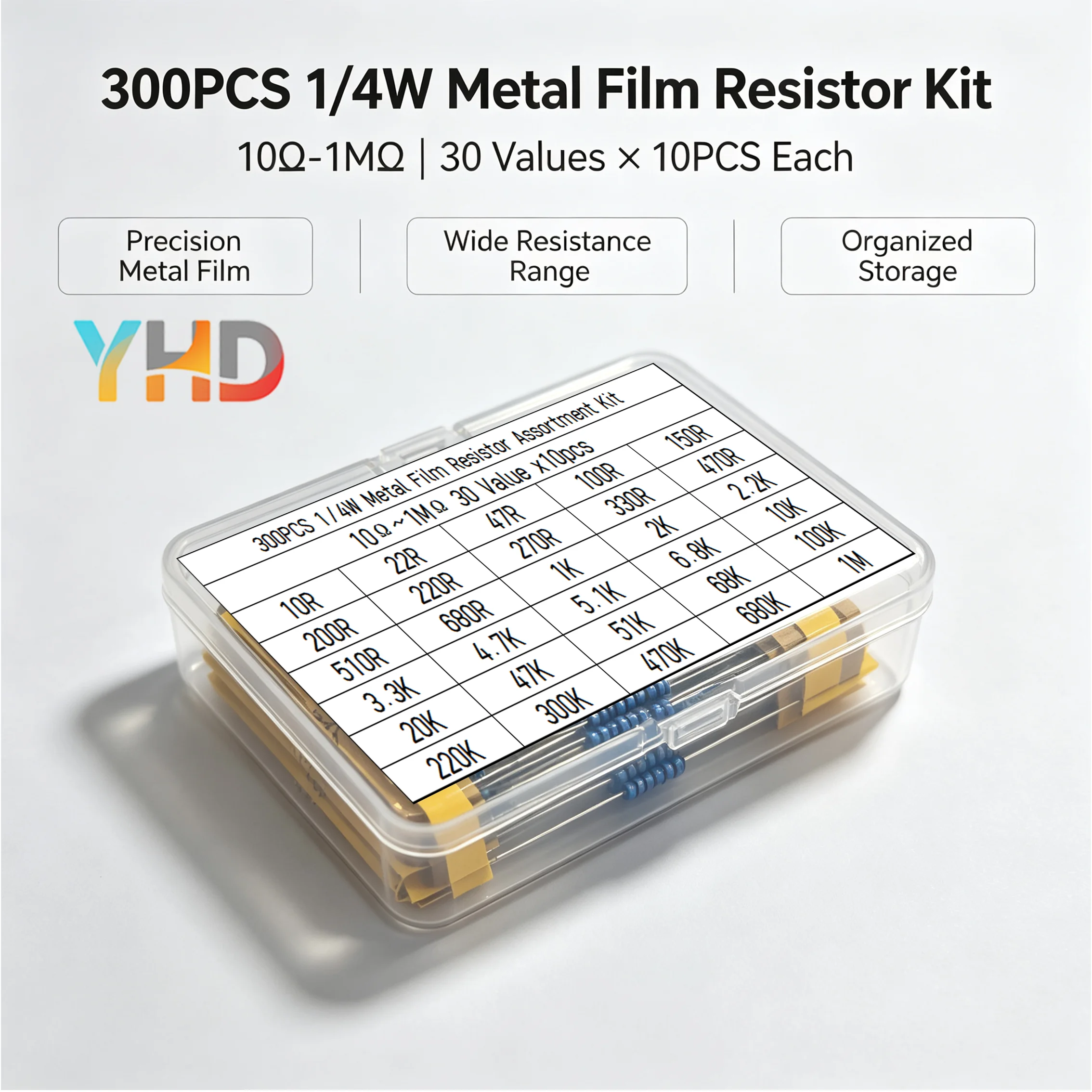 300PCS 1/4W Metal Film Resistor Assortment 1% Tolerance 10R-1M Ohm 30 Values Through Hole Resistors for DIY Circuit Repair