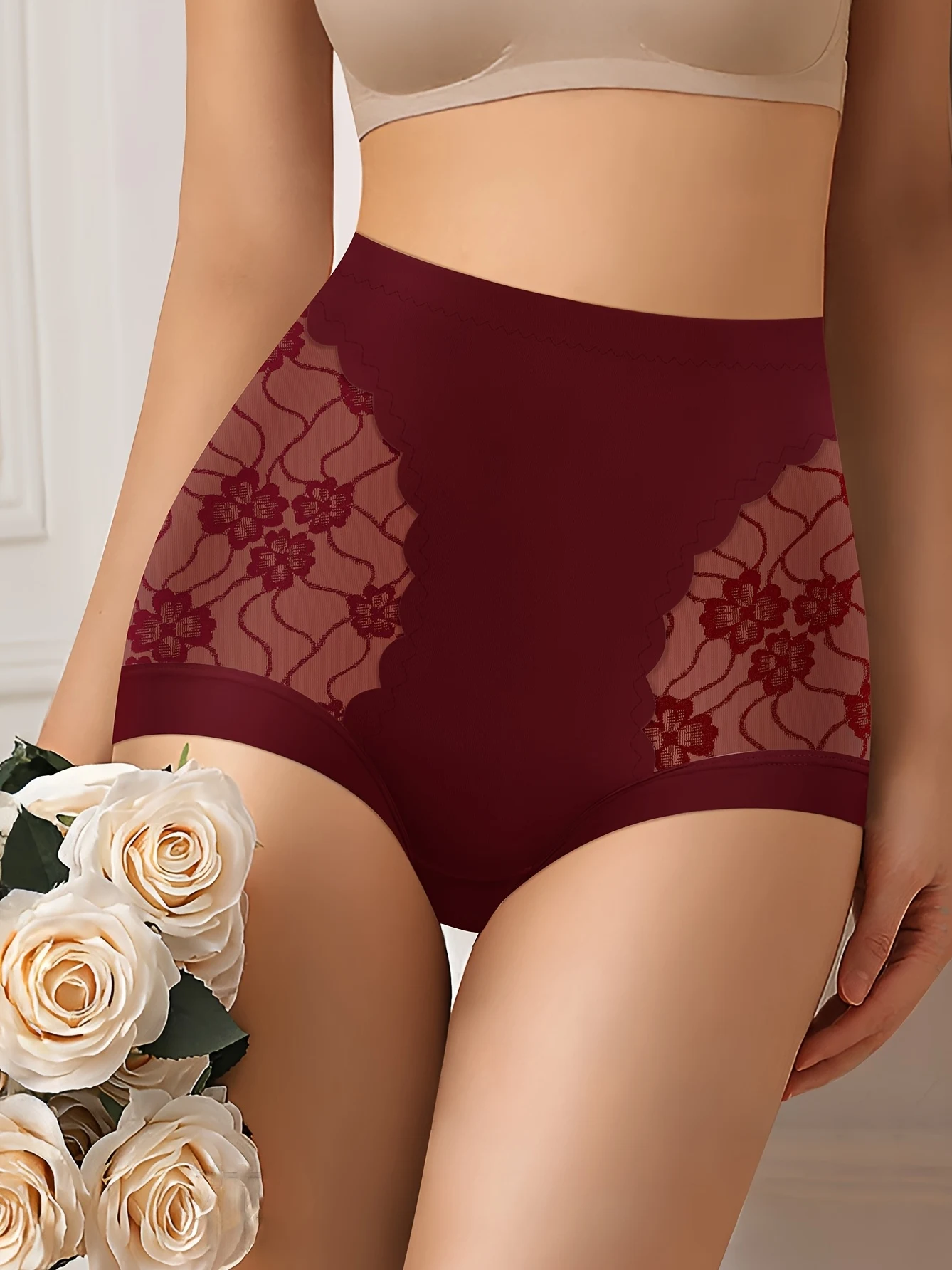 MIOTAN Damen-Unterwäsche mit hoher Taille, Bauchkontrolle, formende Slips – atmungsaktiver Spitzenbesatz, kastanienbraune einfarbige, Bauchkontrolle und