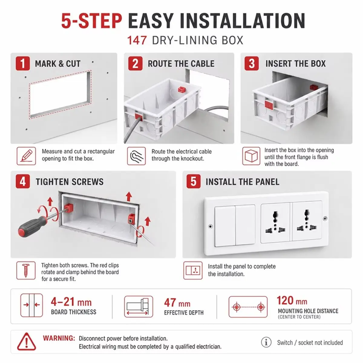 Dry Lining Box Gypsum Board Drywall Plaster Board 47mm Depth Wall Switch Box Socket Cassette Screw Hole Space 120mm 2pc