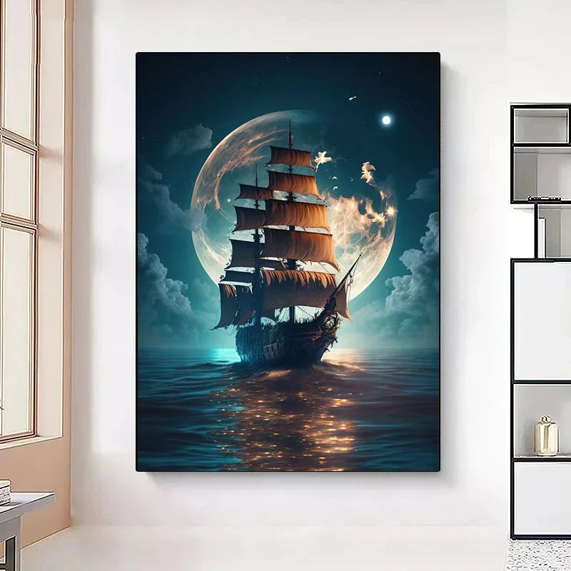 Vintage Sailing Ship Sea Seascape Boat Moon Night Poster Black Pirate Ship Canvas Painting Print Wall Art Room Home Decor