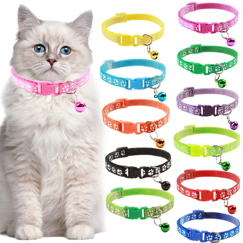 Pet Cat Collar with Bell Cartoon Footprint Dog Puppy Cat Accessories Kitten Collar Adjustable Safety Bell Ring Necklace for Cats