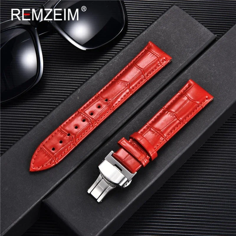 REMZEIM-Accesorios de reloj, correa de 18mm, 20mm, 22mm, 24mm, correa de cuero de vaca, azul, verde, rojo, marrón, negro