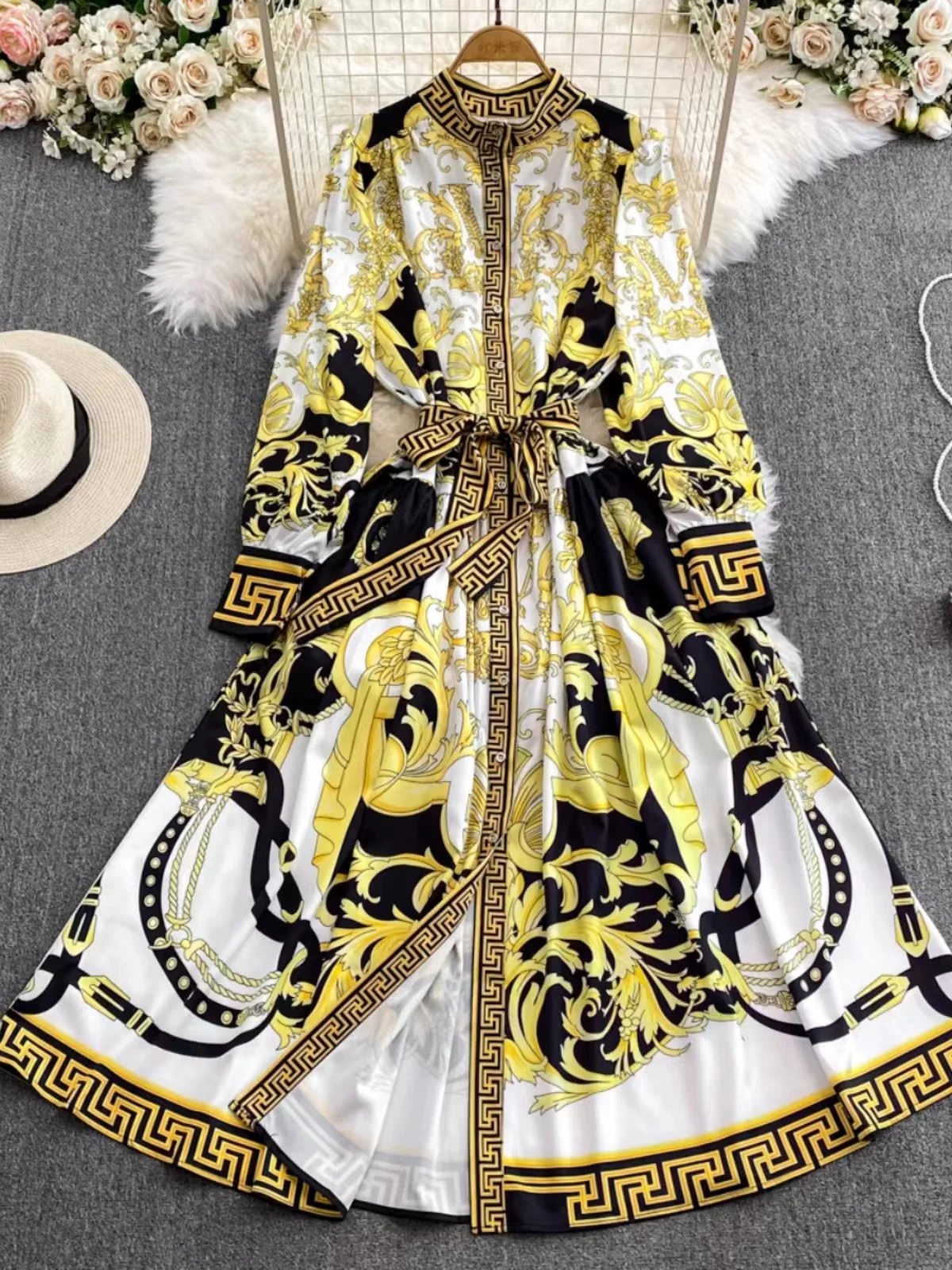 

2024 New Fashion Vintage Palace Style Printed Dress Women's Summer Stand Neck Single Breasted Lace-up Slim Fit A-line Long Dress