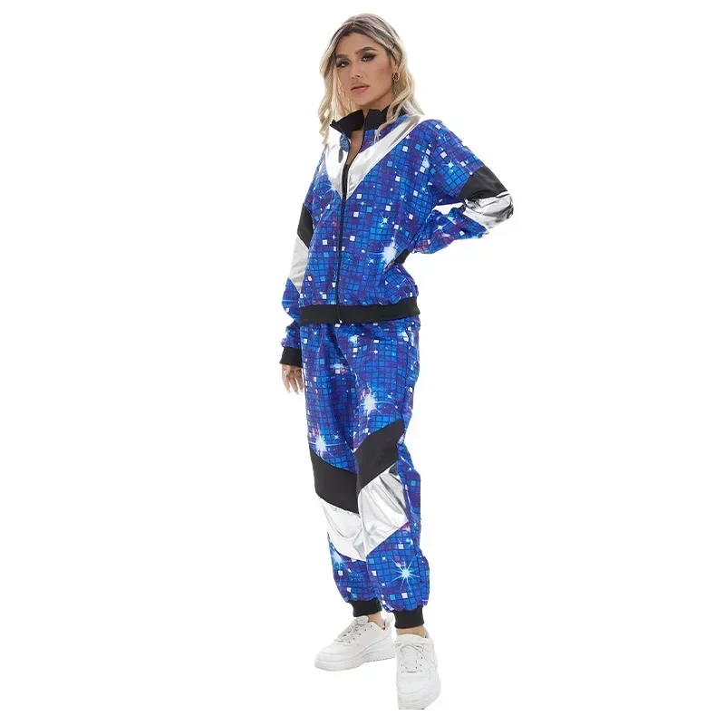 Damen Herren Kostüm 80er 90er Anzug Party Zubehör Disco Jacke Hose Outfit Kostüm Trainingsanzug für Karneval Party Bühne Pe
