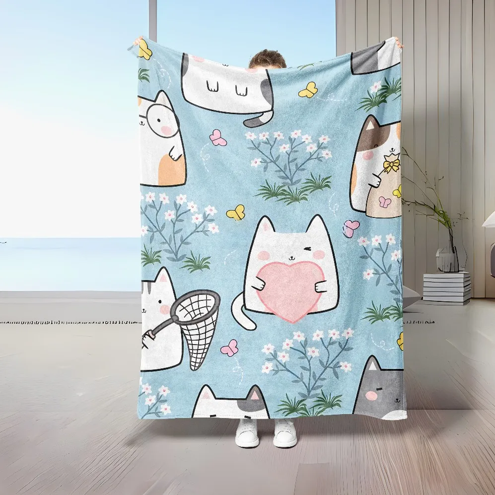 Cute Cat Print Flannel Blanket Love Cat Family Blanket Throw Home Sofa Lunch Break Blankets Children Student Blankets Nap Gifts