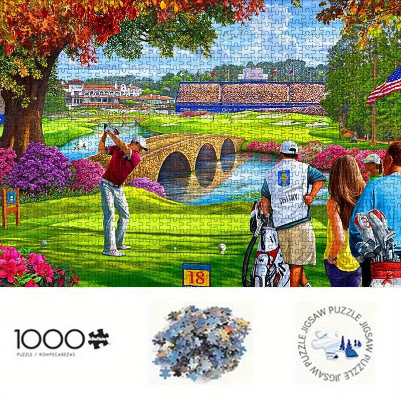 1000pcs Golf Course Scene Puzzle - Golf Course Layout with Hole #18, Intermediate Challenge Level, Portable Family Activity fo