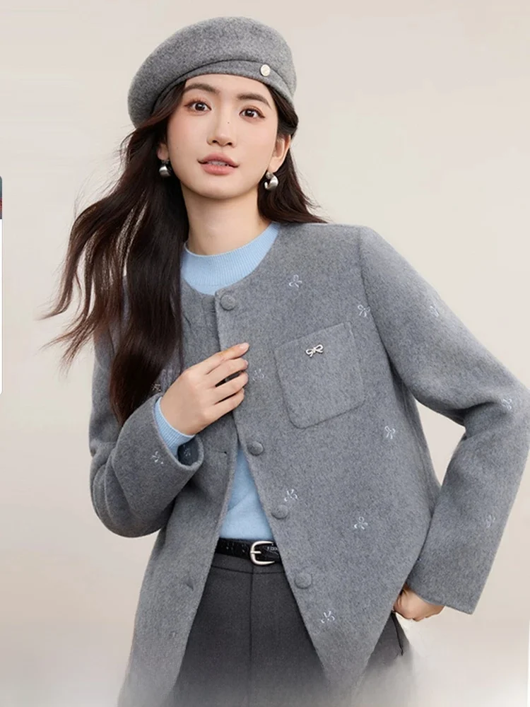 

Double-Faced Woolen Short Coat Women's Fashion round Neck Knot Winter New Style Warm Straight Cut Pure E-commerce