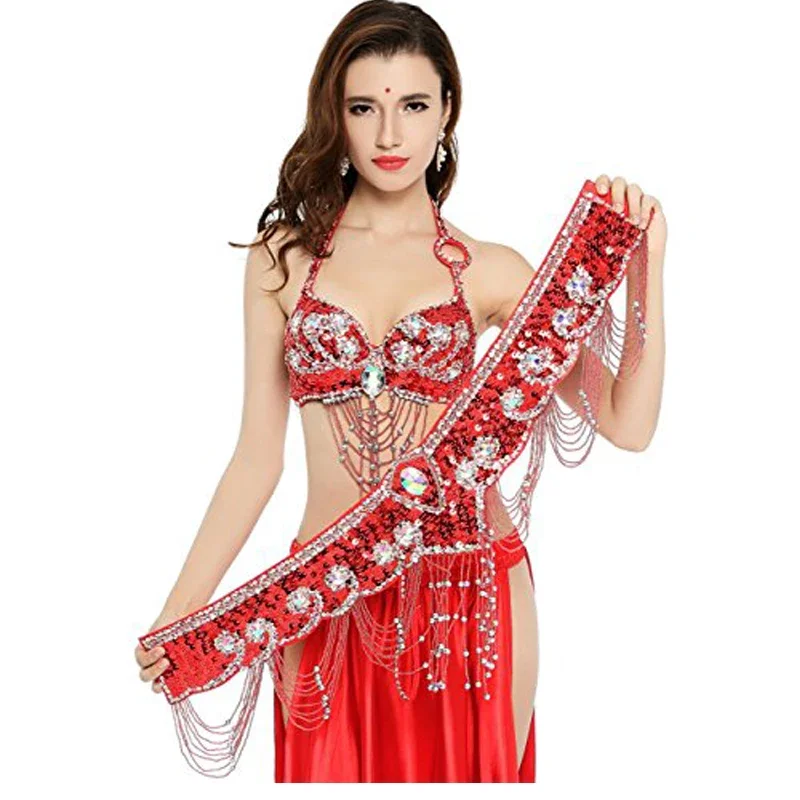 Women Belly Dance Costume Outfit Set Bra Top & Belt Bellydance Hip Scarf Bollywood S M L XL B C Cup Handmade 13 Colours