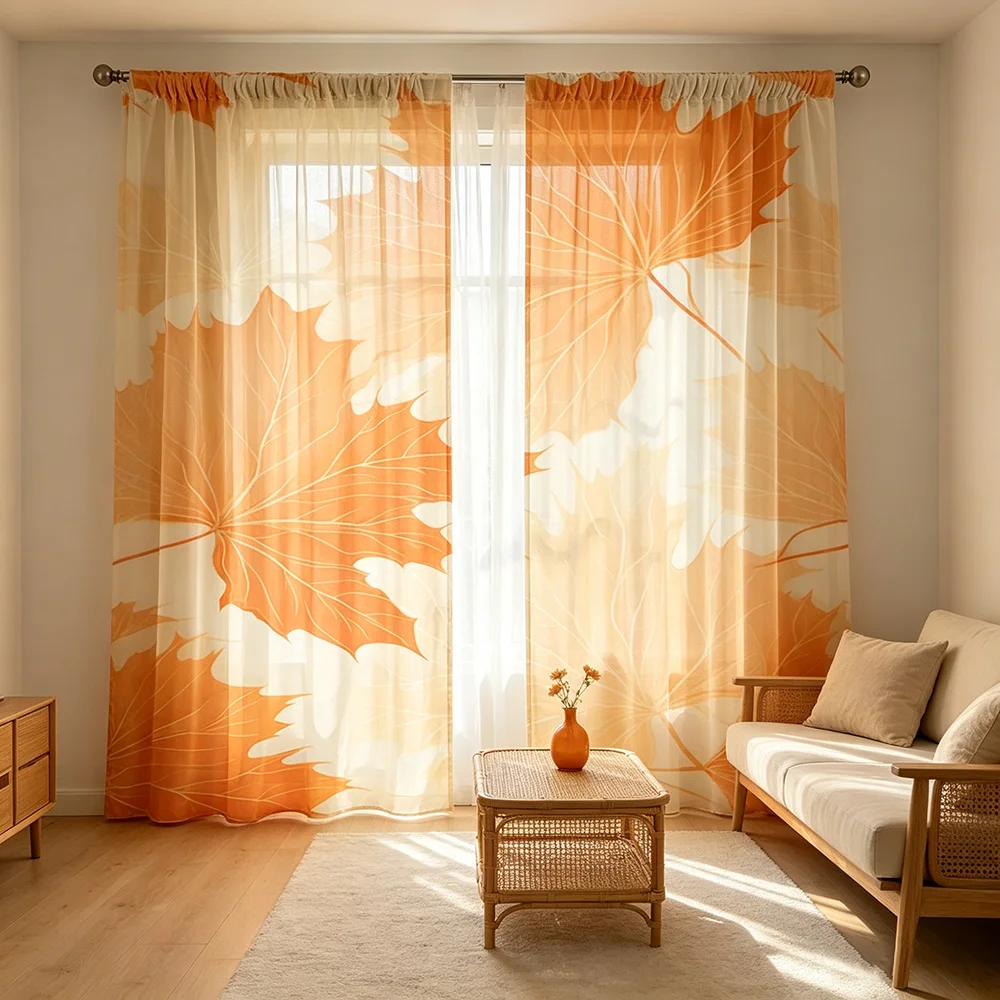 2PCS Digital Printed Sheer Curtains, Vibrant Orange Maple Leaf Pattern, Warm Autumn Style for Living Room Bedroom Decor