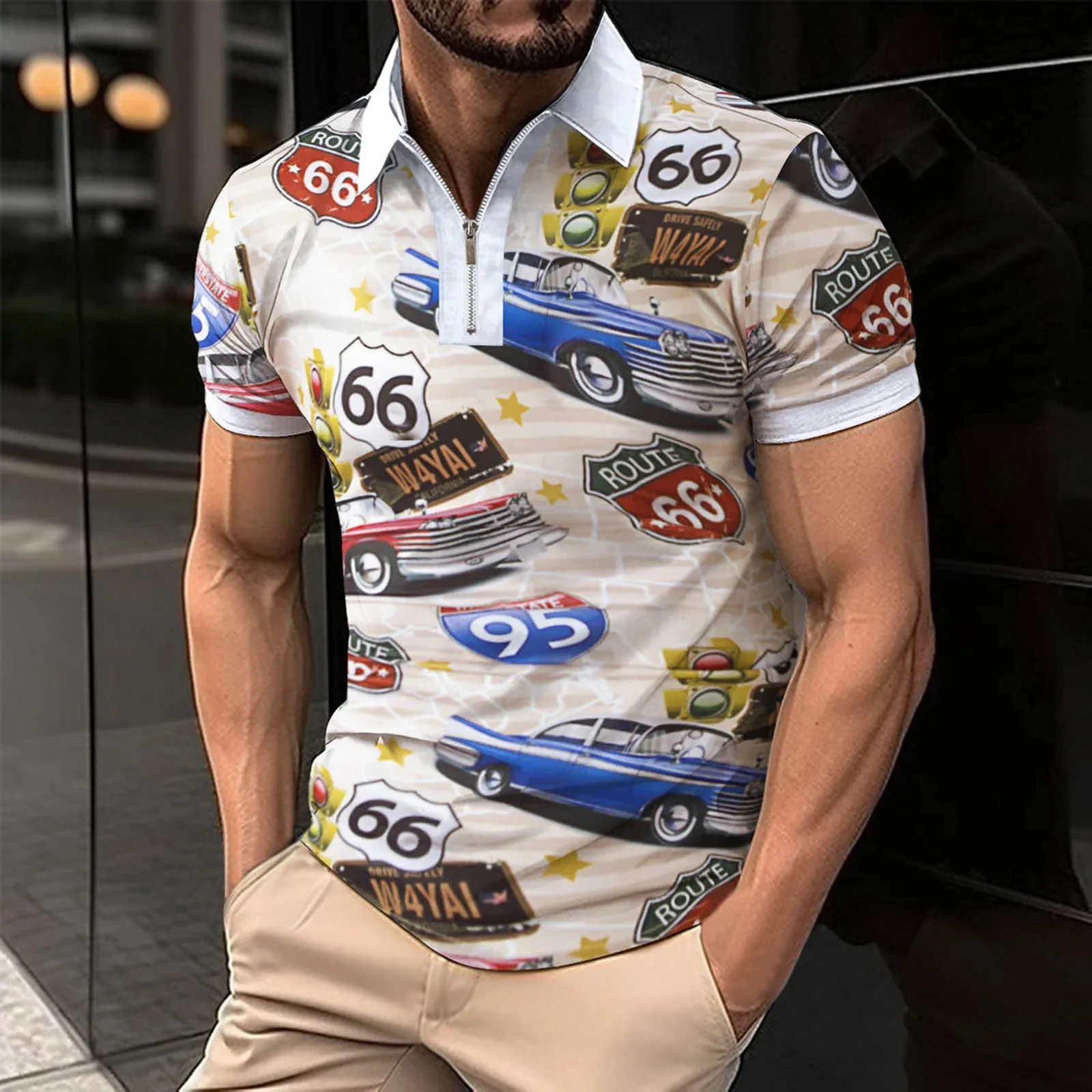 Men's Short Sleeve Polo Shirt Vintage Big Size 66Route Print Polo Shirt Men Half Zip Up Lapeled Casual Streetwear Men's Clothing