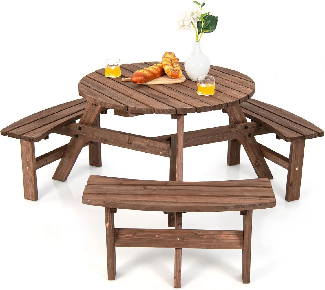 Tangkula 6 Person Wood Picnic Table, Outdoor Round Picnic Table with 3 Built-in Benches, Umbrella Hole, Outside Table