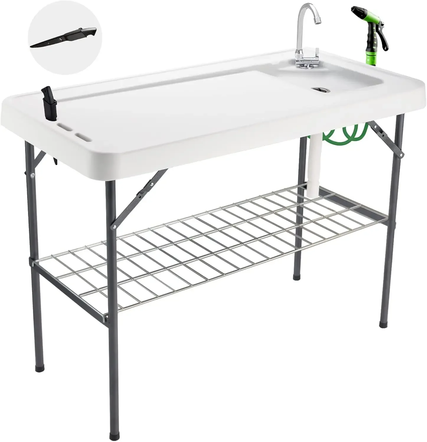 Folding Fish Cleaning Table Portable Camping Sink with Faucet Drainage Hose & Sprayer Outdoor  Groove for Picnic Fishing, Black