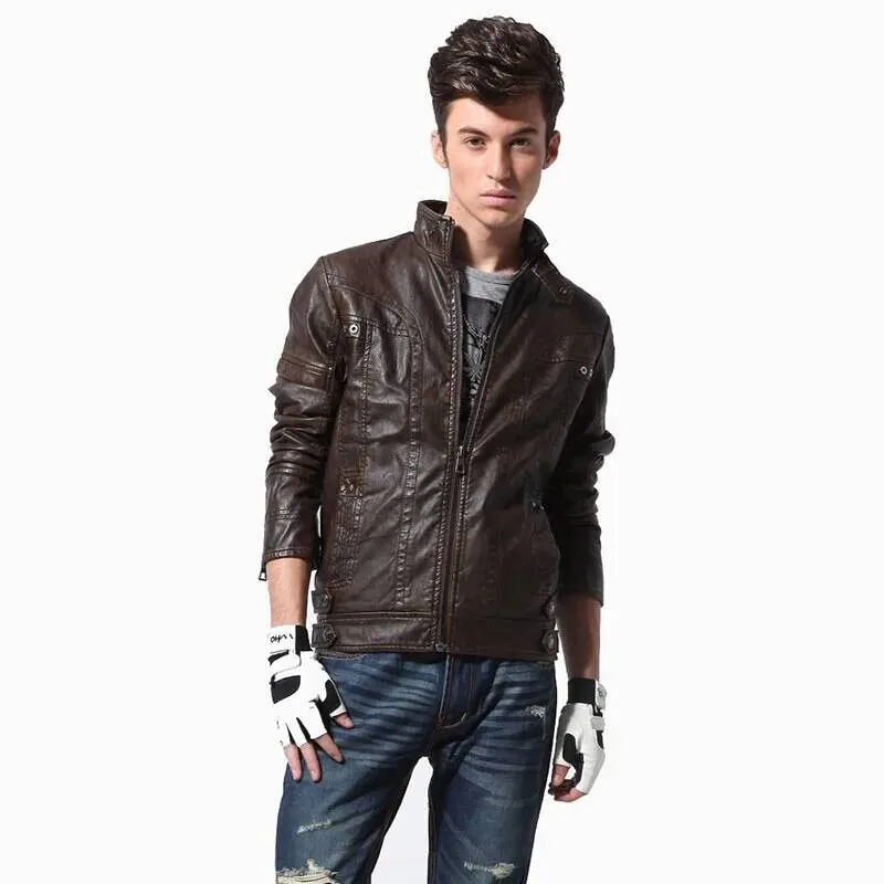 Jaket Kulit PU Kasual Pria Musim Gugur Ukuran Besar untuk Musim Dingin, Jaket Motor Streetwear Pria
