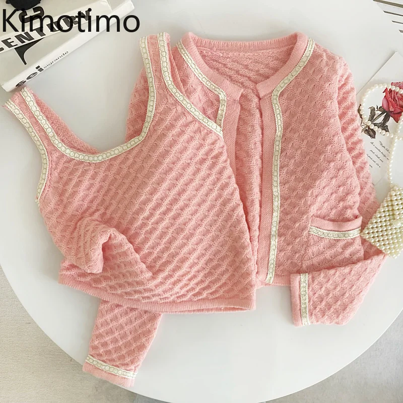 

Kimotimo Knitted 2 Piece Sets Women Autumn Winter Small Fragrance Long Sleeve Knitwear Cardigan Short Sweater Vest Sweet Suit