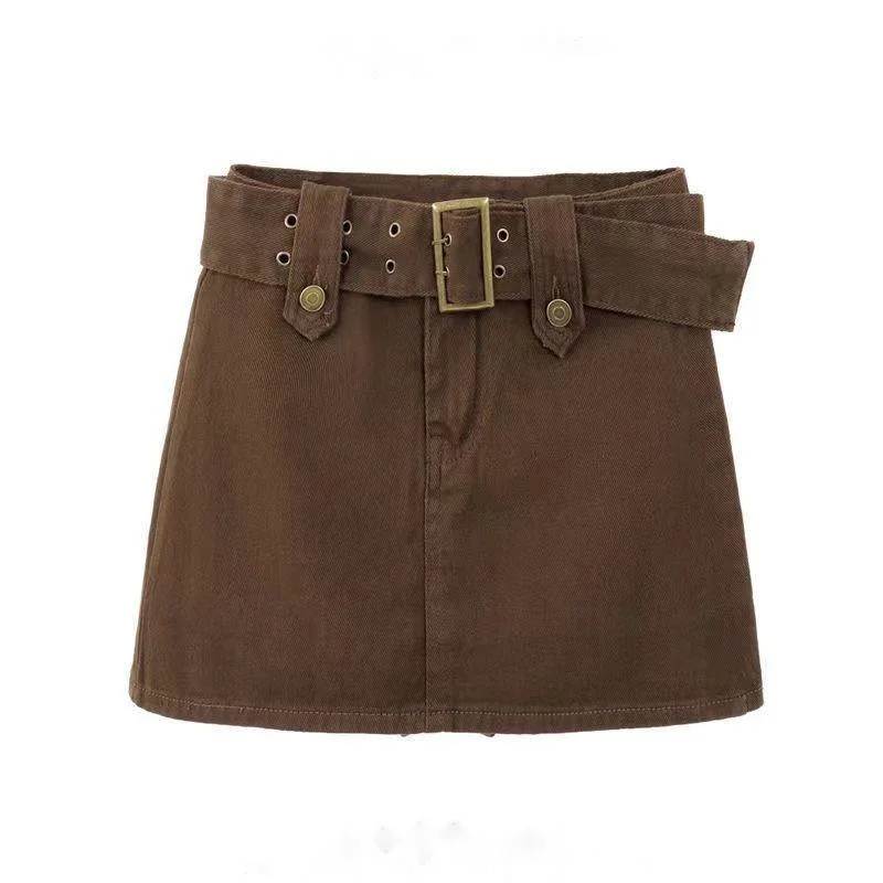 Casual Short Denim Skirt For Women Korean Fahsion Summer A-line Hip Wrap Skirt With Belt Brown Black Mini Skirts Trendy Clothes