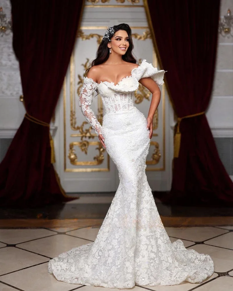 Vestidos de novia elegantes con Apliques de encaje, vestidos de sirena con escote en forma de corazón y hombros descubiertos, vestidos de novia elegantes con cola de corte para mujer