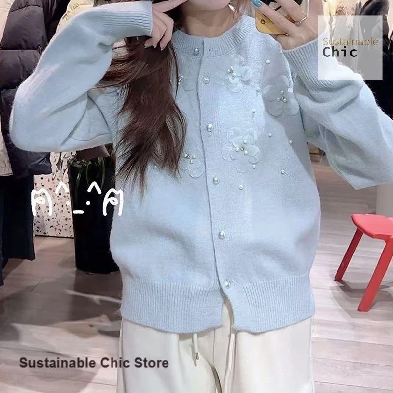 French-style small fragrant beaded sweater coat women's autumn and winter new wear small foreign flowers knitted cardigan.