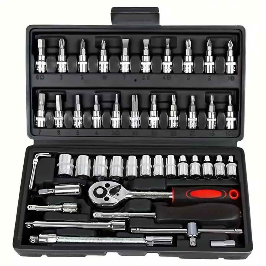 46 piece car repair tool kit: ratchet torque wrench, wrench, screwdriver, socket set combination - perfect for bicycle and car r